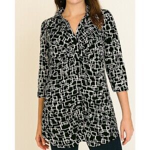 MKM Designs black & white long sleeve blouse ruched V-neck blouse SZ L